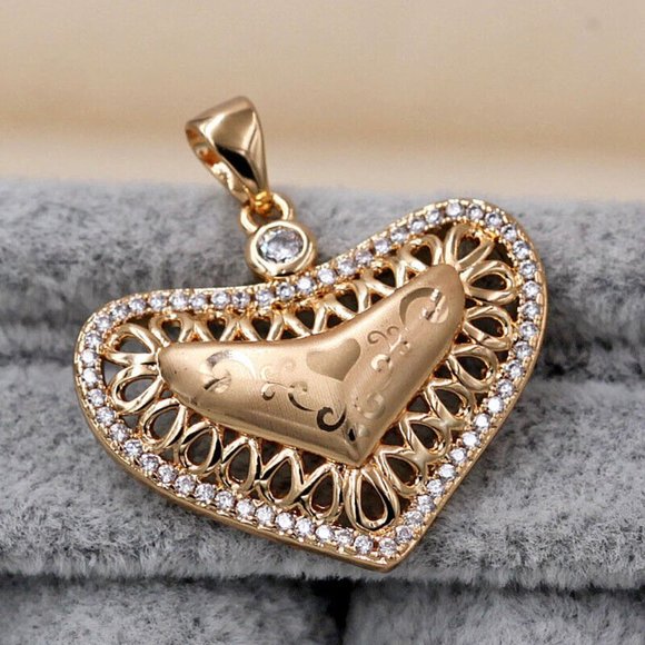 18K Yellow Gold Filled Luxury Heart Diamond Zircon Laser Carved Pendant Necklace - Picture 6 of 8